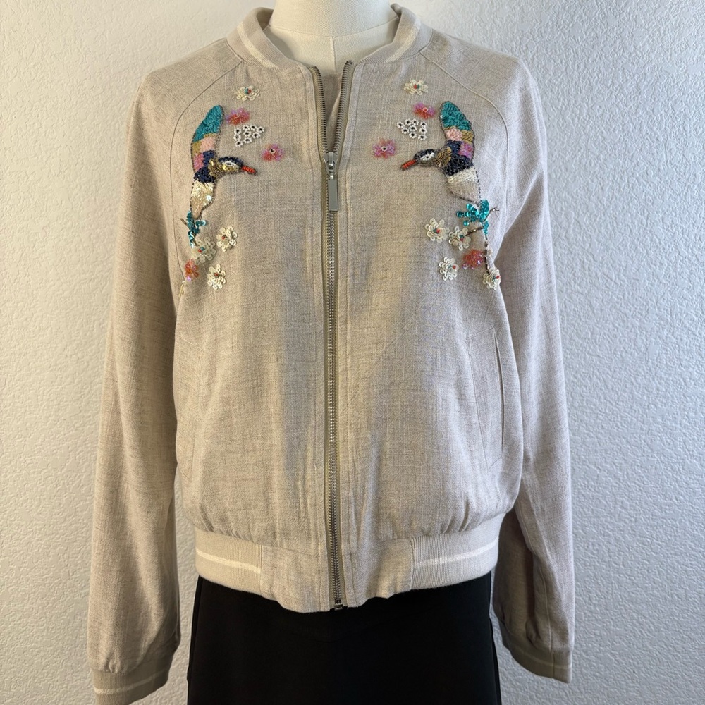 Anthropologie Blue Rain Sequin Hummingbird Bomber Jacket Size Small (S)
